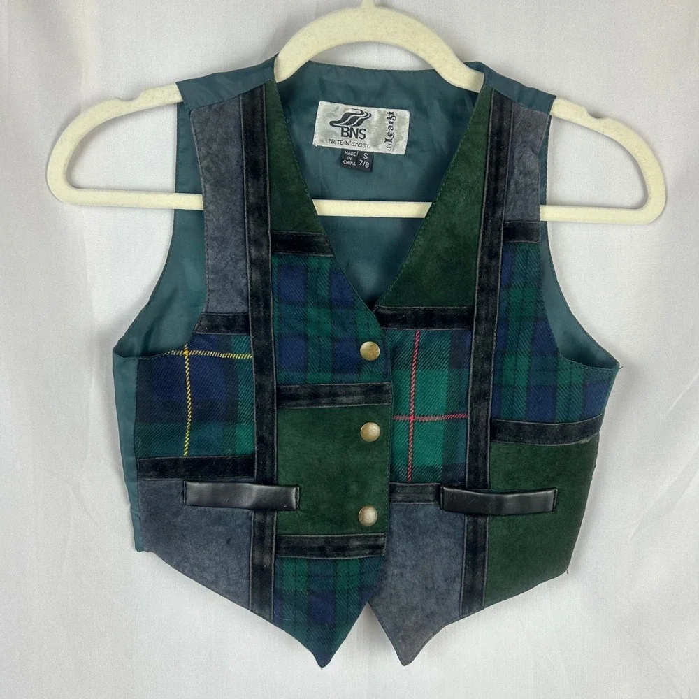 BNS Brite‎ N Sassy Leargi Boys Plaid Patchwork Vest Green Blue S 7-8 Vintage 80s